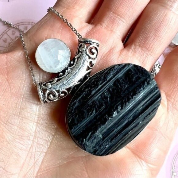 925 Yin Yang YOU CHOOSE! Raw Black Tourmaline + Moonstone Pendant Necklace - Picture 1 of 10